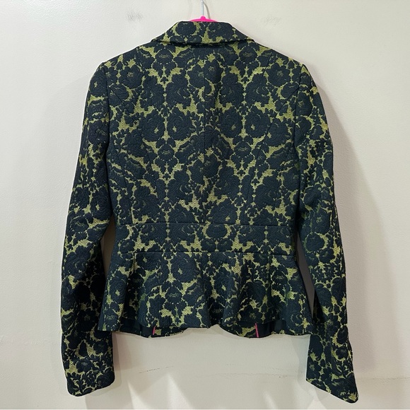 Banana Republic L’Wren Scott Blazer Bright Celery Black Floral Jacquard Peplum 2 - Picture 3 of 11